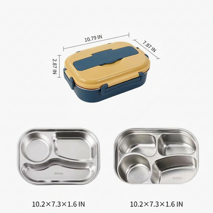 Stainless Steel Lunch Box with Snap Closure and Divided Compartments, Includes Soup Bowl