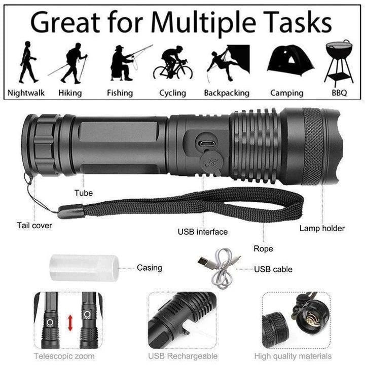 Rechargeable Flashlight with Telescopic Zoom and 90,000 Lumen Output, Water Resistant