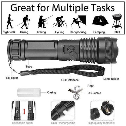 Rechargeable Flashlight with Telescopic Zoom and 90,000 Lumen Output, Water Resistant