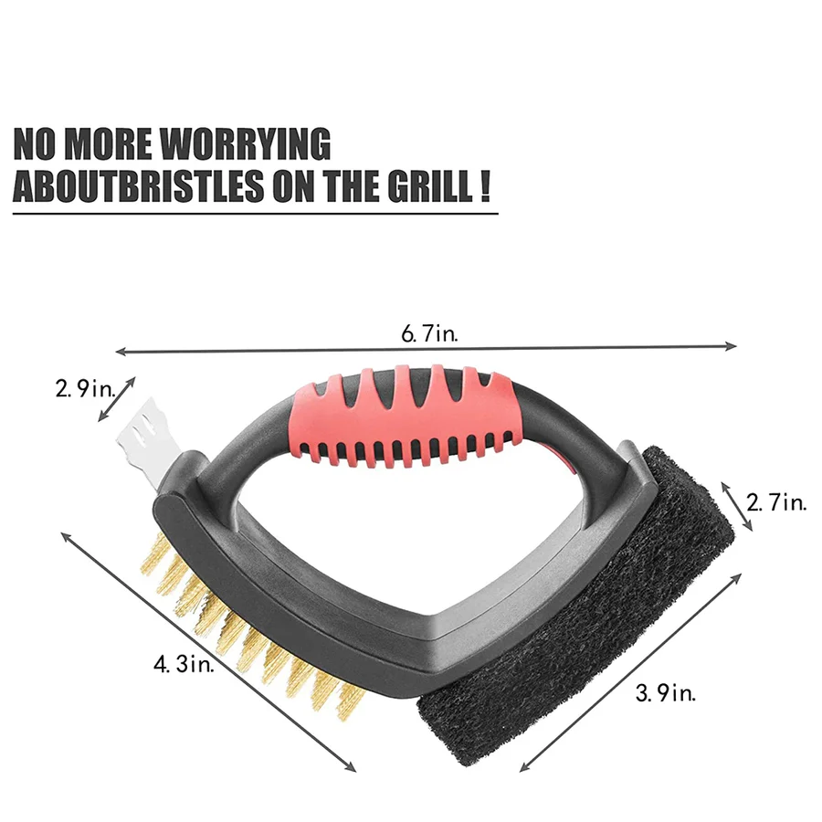 3-in-1 BBQ Grill Cleaning Brush with Brass Bristles, Copper Scraper, and Scouring Pad