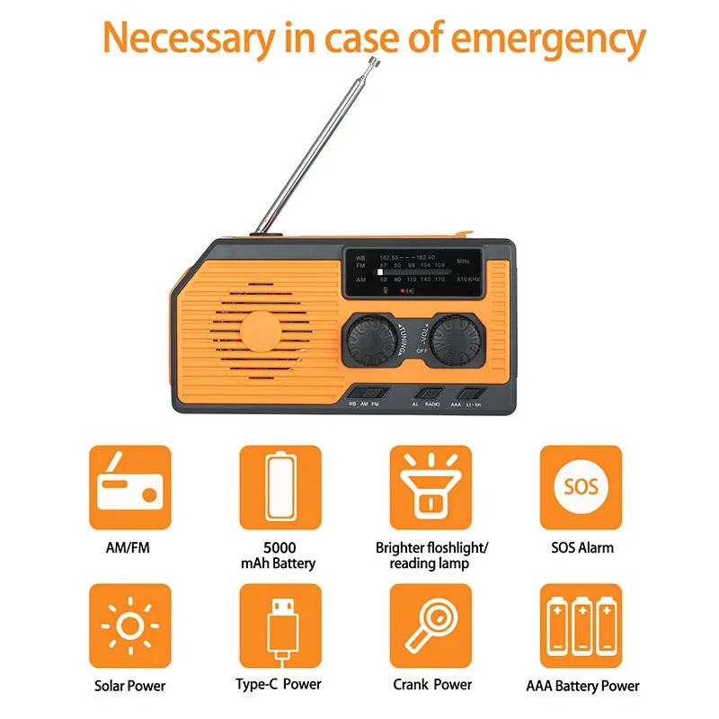 Emergency Radio with Solar Hand Crank and 5000mAh Power Bank, Weather Band