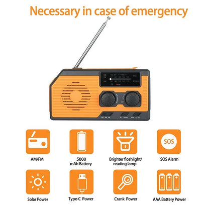 Emergency Radio with Solar Hand Crank and 5000mAh Power Bank, Weather Band