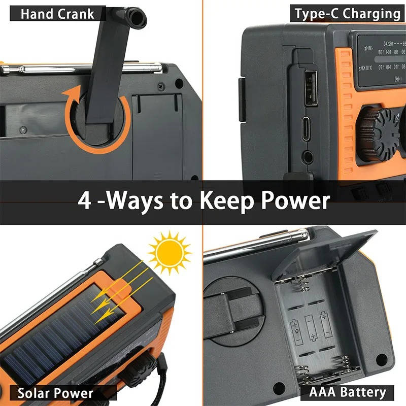 Emergency Radio with Solar Hand Crank and 5000mAh Power Bank, Weather Band