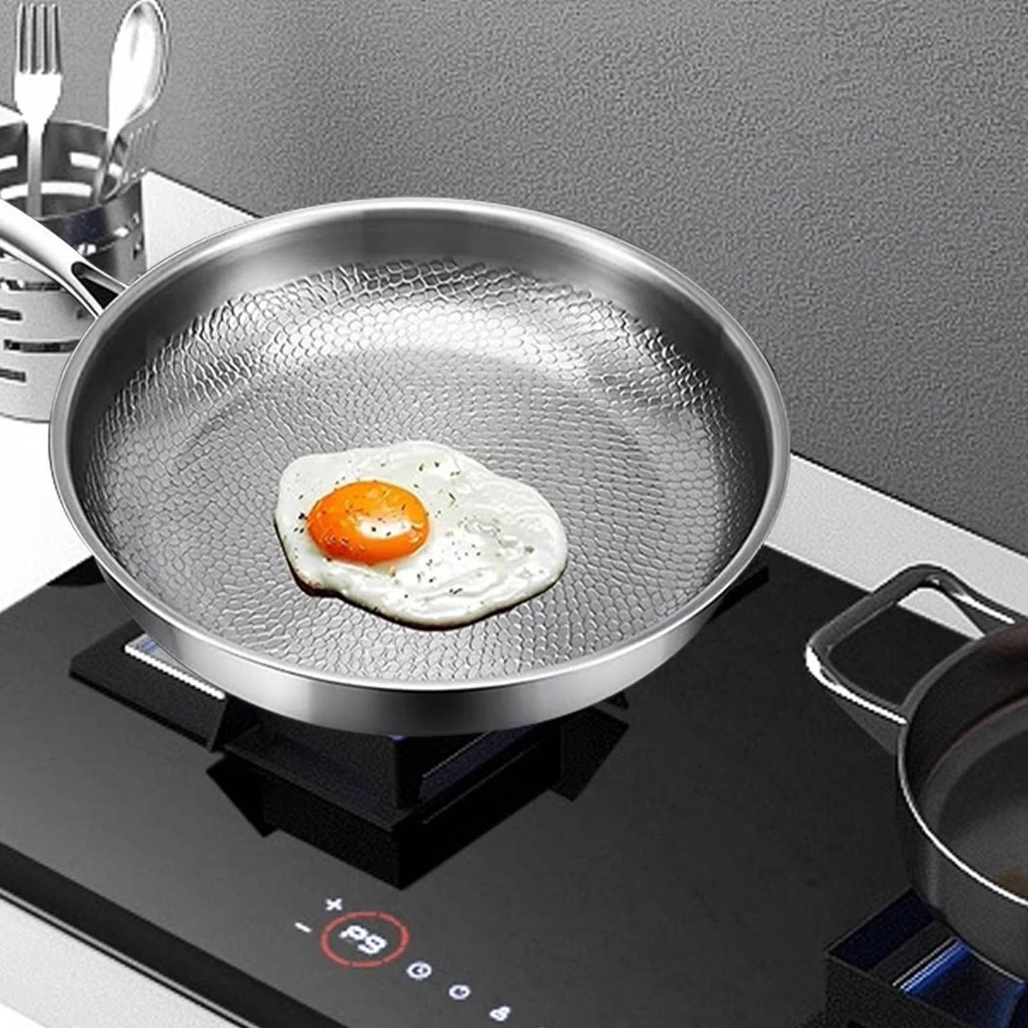 Titanium Steel Pan with Fish Scale Texture and Curved Rim, Uncoated Surface