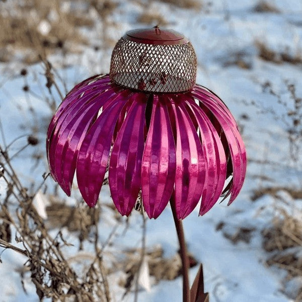 Metal Coneflower Bird Feeder with Wide Dish and Easy Refill