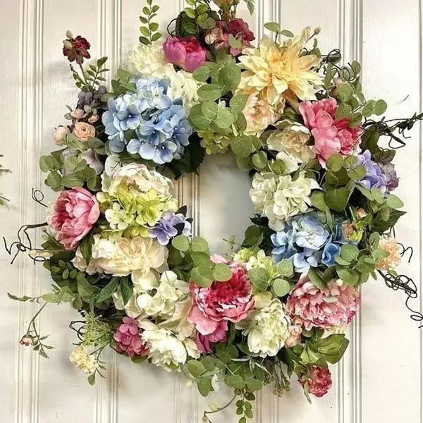 Synthetic Hydrangea Wreath with Rainbow Petals and Green Foliage, 13.78 inches
