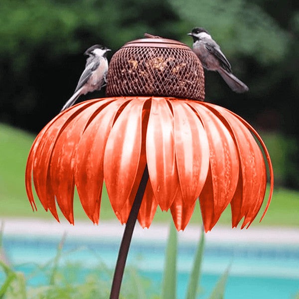 Metal Coneflower Bird Feeder with Wide Dish and Easy Refill