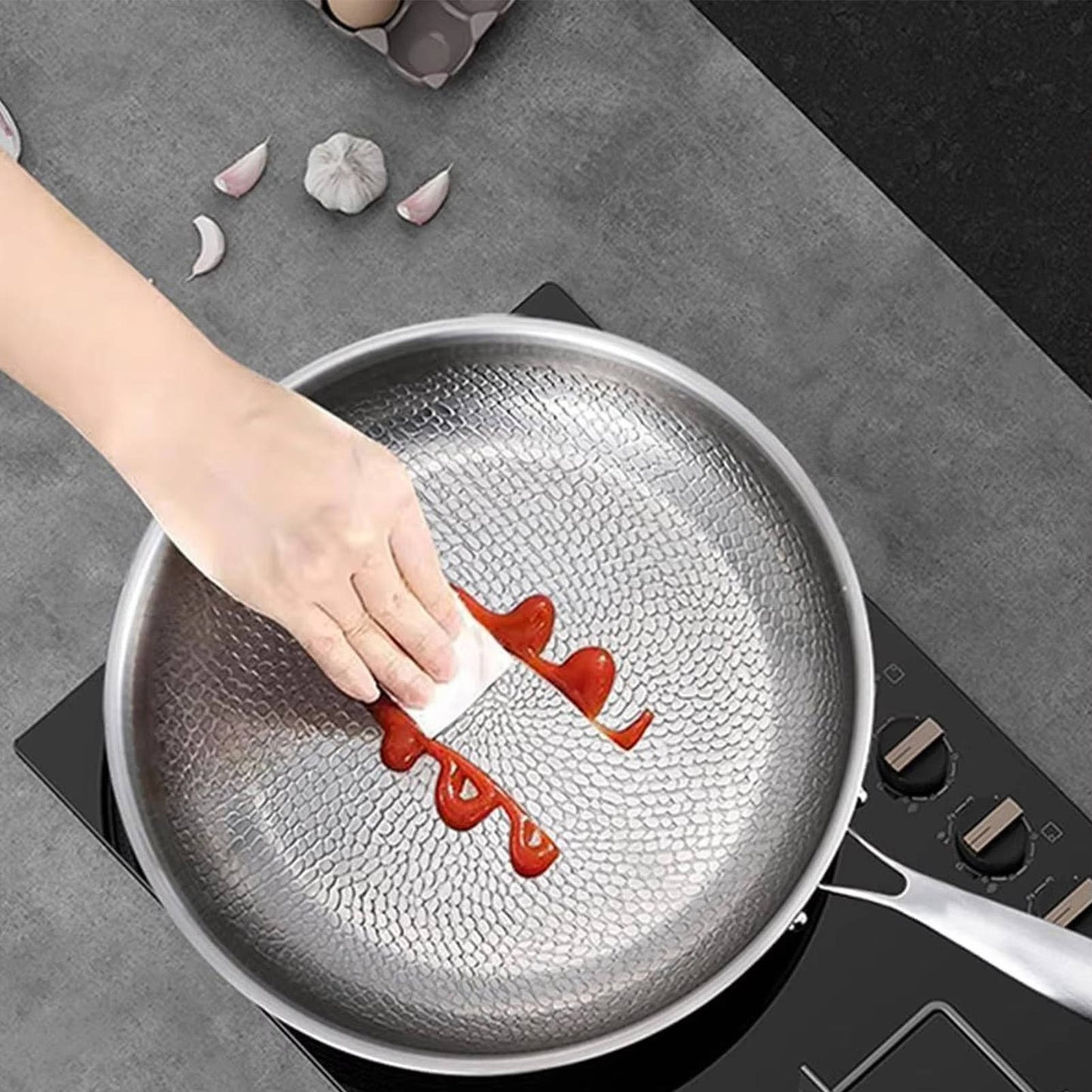 Titanium Steel Pan with Fish Scale Texture and Curved Rim, Uncoated Surface
