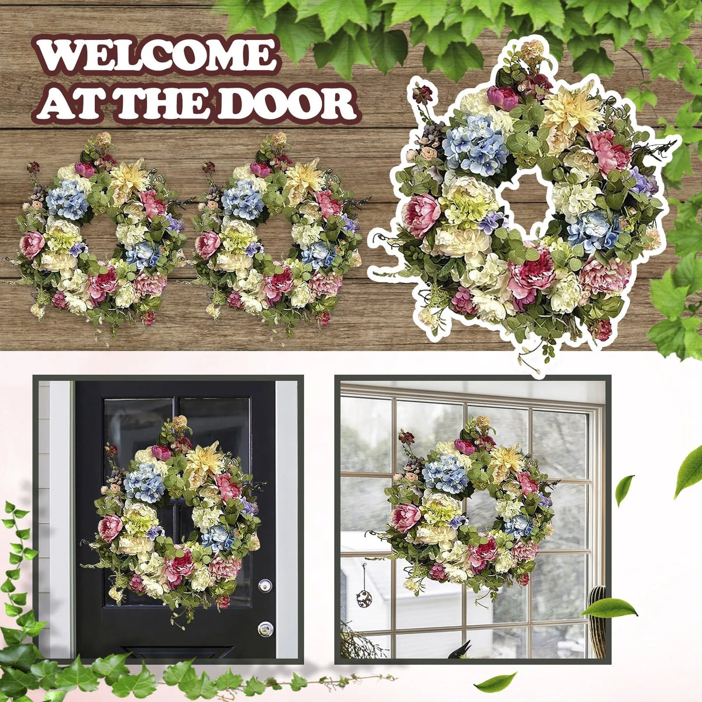 Synthetic Hydrangea Wreath with Rainbow Petals and Green Foliage, 13.78 inches