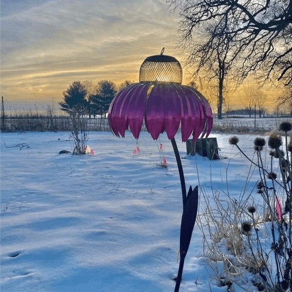Metal Coneflower Bird Feeder with Wide Dish and Easy Refill