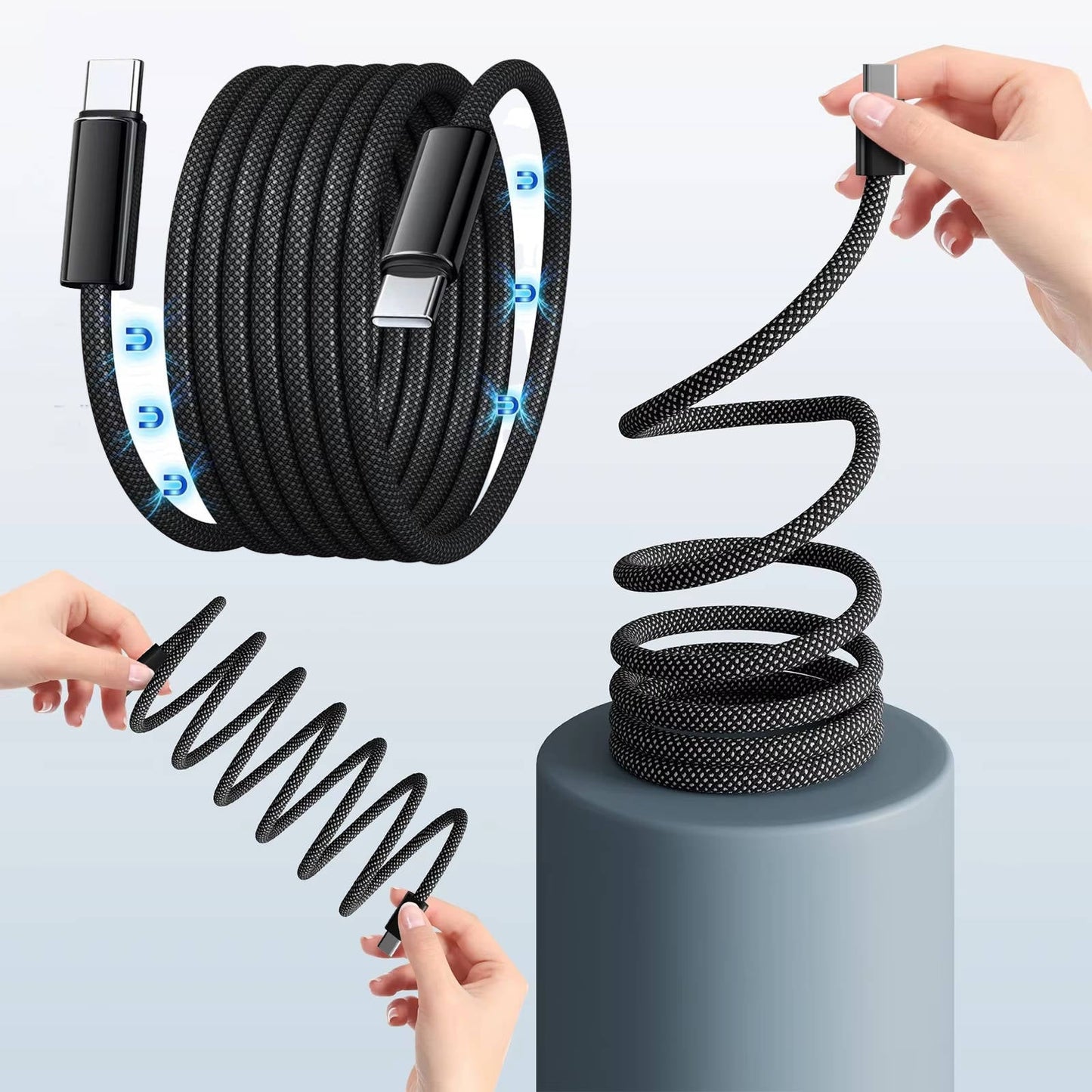 Self-Coiling Charging Cable with Magnetic Tips and Braided Protection, 3.3ft