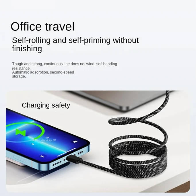Self-Coiling Charging Cable with Magnetic Tips and Braided Protection, 3.3ft