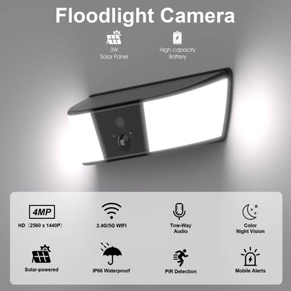Solar Rechargeable Floodlight Camera with Human Detection and Dual Band Wifi, 2K Resolution
