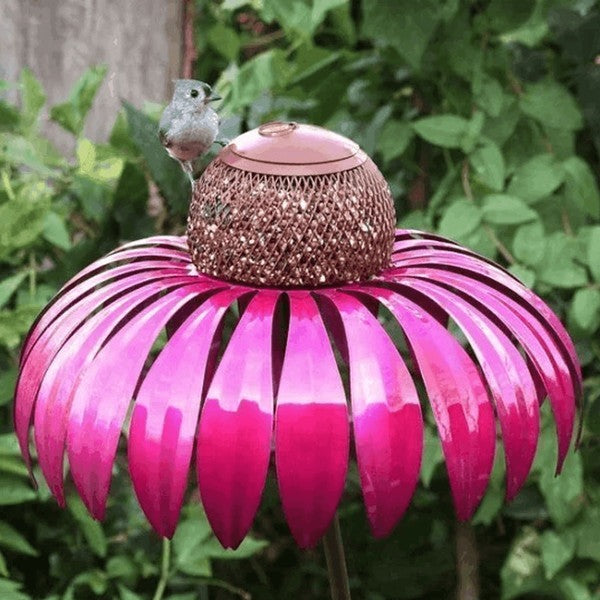 Metal Coneflower Bird Feeder with Wide Dish and Easy Refill