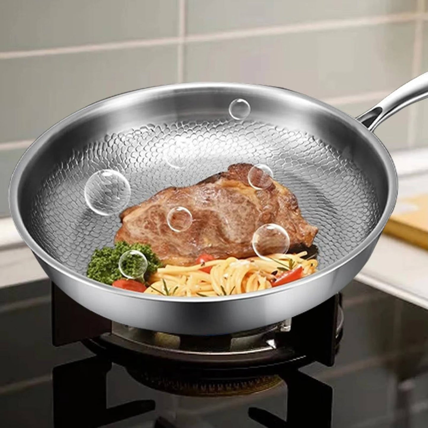 Titanium Steel Pan with Fish Scale Texture and Curved Rim, Uncoated Surface