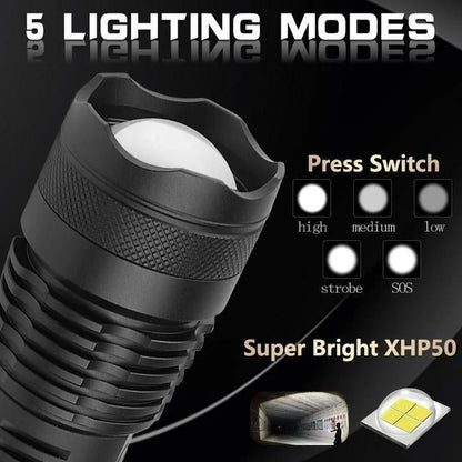 Rechargeable Flashlight with Telescopic Zoom and 90,000 Lumen Output, Water Resistant
