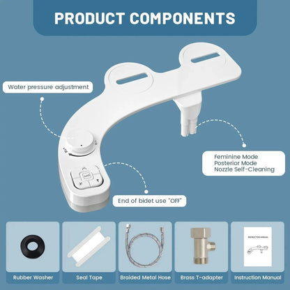 Bidet Attachment with Dual Nozzle Spray and Adjustable Water Pressure