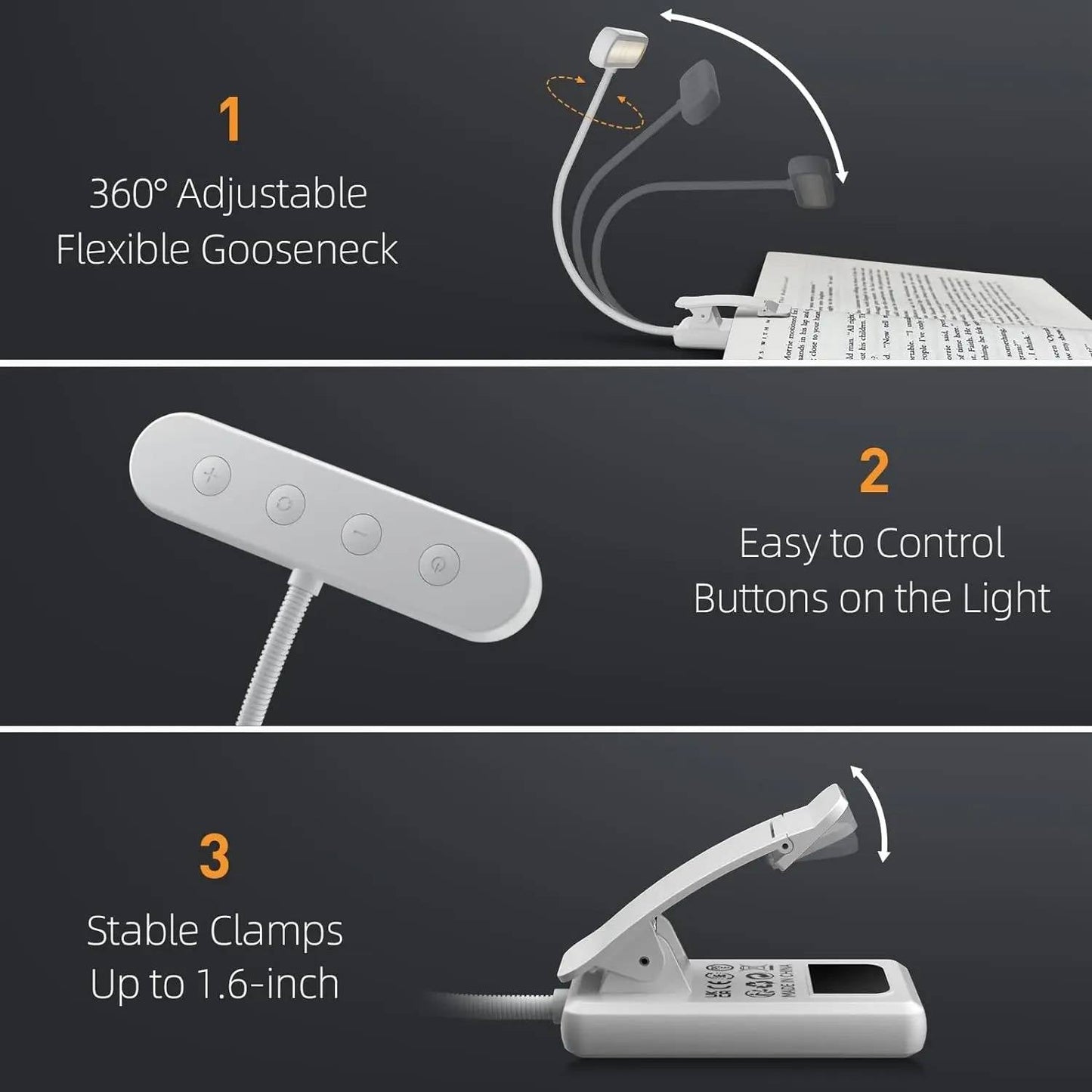Clip-On Book Light with 19 LED Beads and 3 Color Temperatures, Flexible Neck