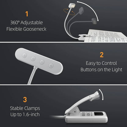 Clip-On Book Light with 19 LED Beads and 3 Color Temperatures, Flexible Neck