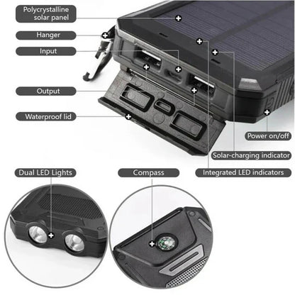 Solar Power Bank, Dual USB Portable Water-Resistant Charger