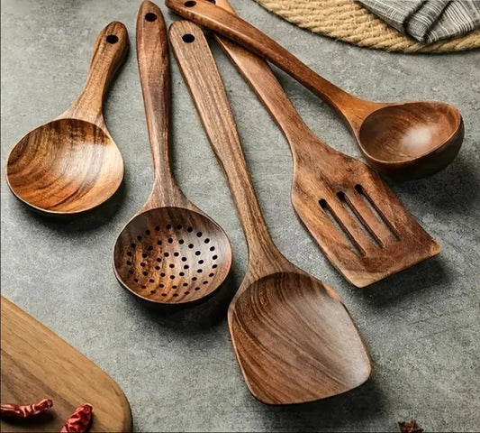 Wooden Cooking Utensil Set with Heat-Resistant Teak Wood and Non-Stick Safe Design
