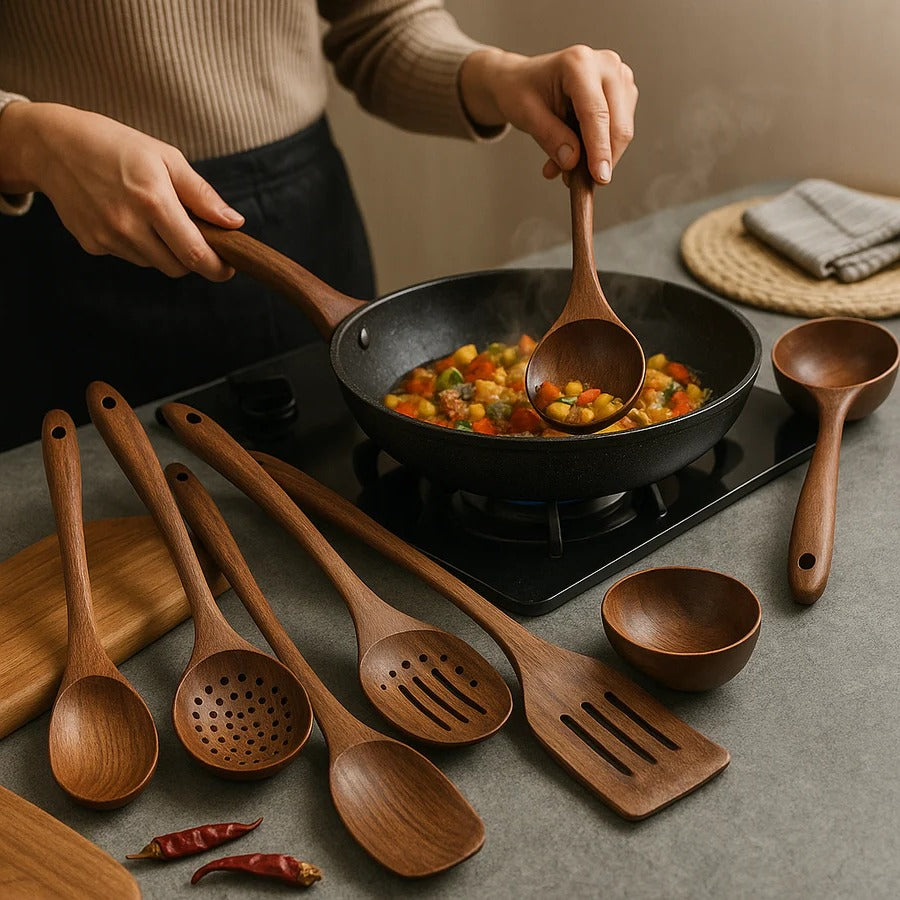 Wooden Cooking Utensil Set with Heat-Resistant Teak Wood and Non-Stick Safe Design