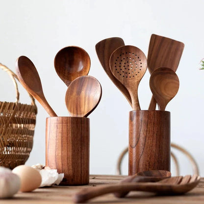 Wooden Cooking Utensil Set with Heat-Resistant Teak Wood and Non-Stick Safe Design