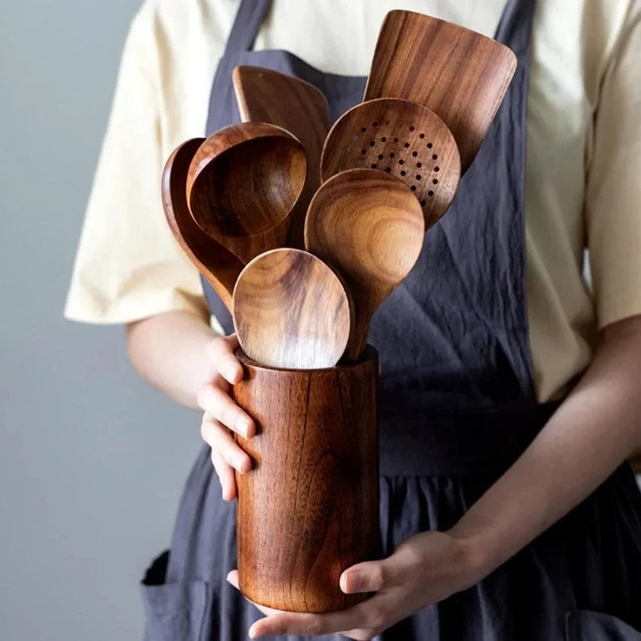 Wooden Cooking Utensil Set with Heat-Resistant Teak Wood and Non-Stick Safe Design