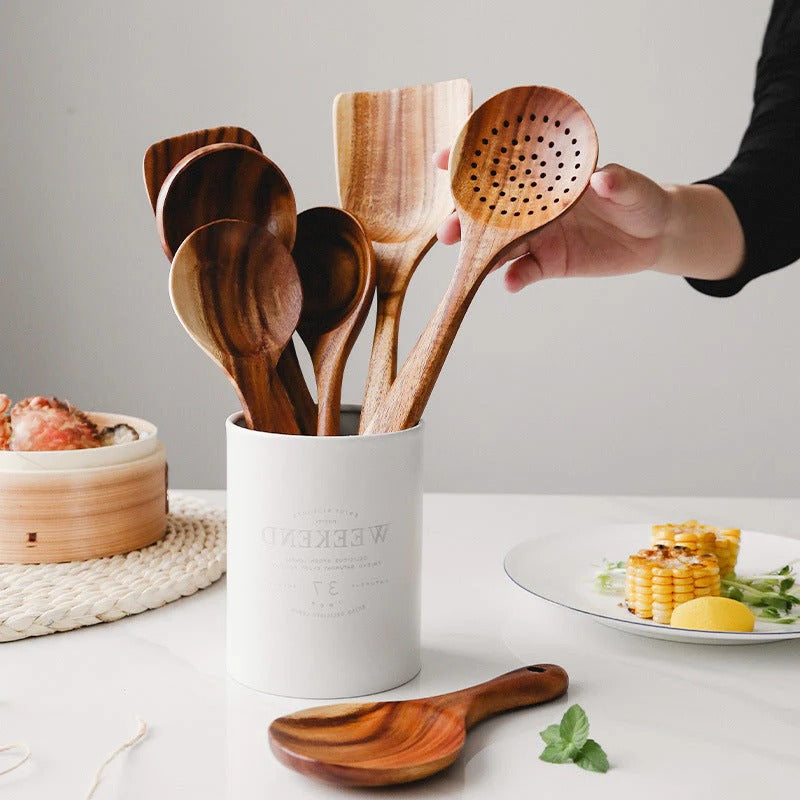 Wooden Cooking Utensil Set with Heat-Resistant Teak Wood and Non-Stick Safe Design