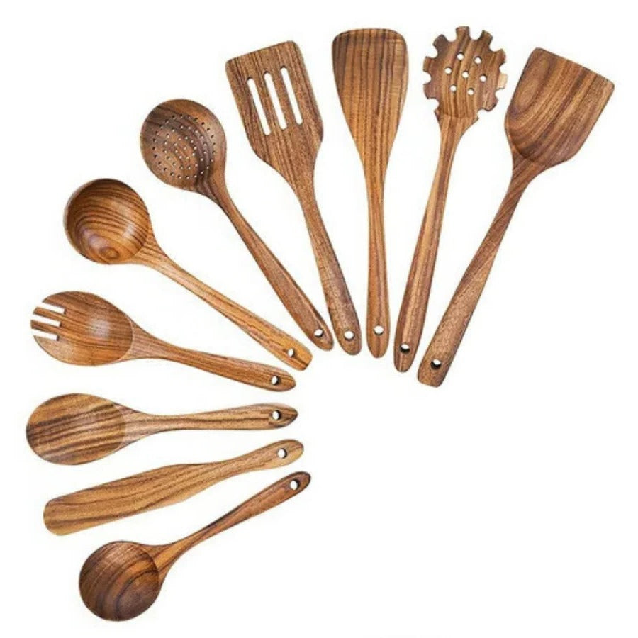 Wooden Cooking Utensil Set with Heat-Resistant Teak Wood and Non-Stick Safe Design