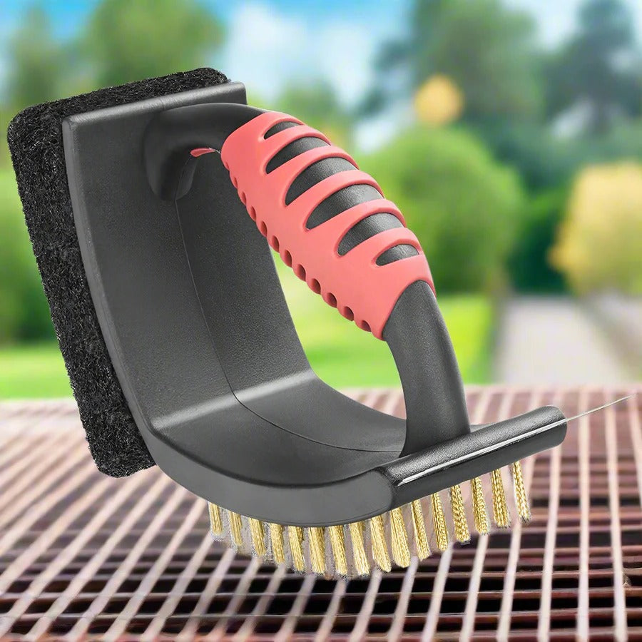 3-in-1 BBQ Grill Cleaning Brush with Brass Bristles, Copper Scraper, and Scouring Pad
