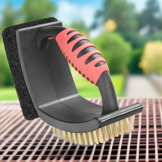 3-in-1 BBQ Grill Cleaning Brush with Brass Bristles, Copper Scraper, and Scouring Pad