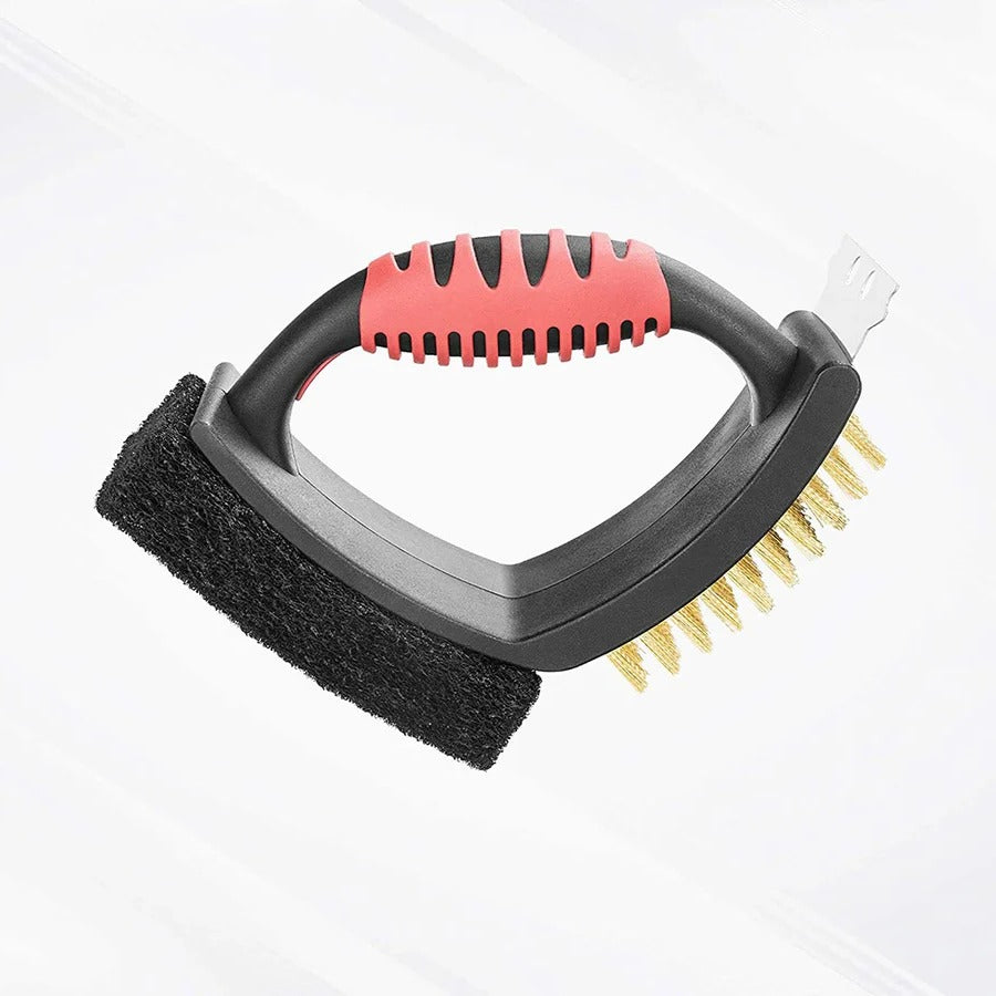 3-in-1 BBQ Grill Cleaning Brush with Brass Bristles, Copper Scraper, and Scouring Pad