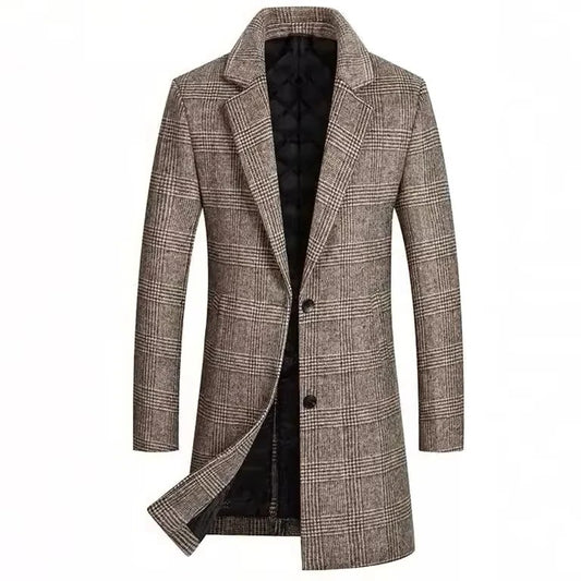 Warm Men’s Plaid Wool Coat with Quilted Cotton Lining