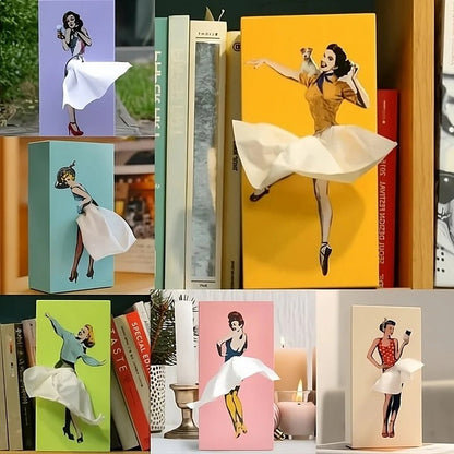 Tissue Box Cover with Animated Skirt Motion and Weighted Base