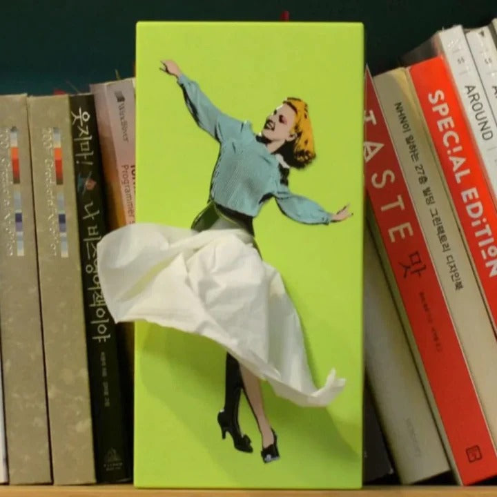 Tissue Box Cover with Animated Skirt Motion and Weighted Base