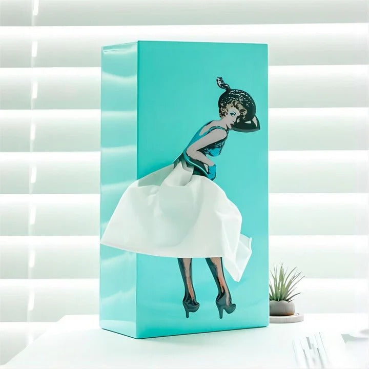 Tissue Box Cover with Animated Skirt Motion and Weighted Base