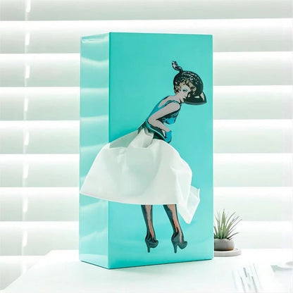 Tissue Box Cover with Animated Skirt Motion and Weighted Base