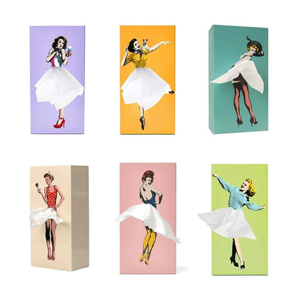 Tissue Box Cover with Animated Skirt Motion and Weighted Base