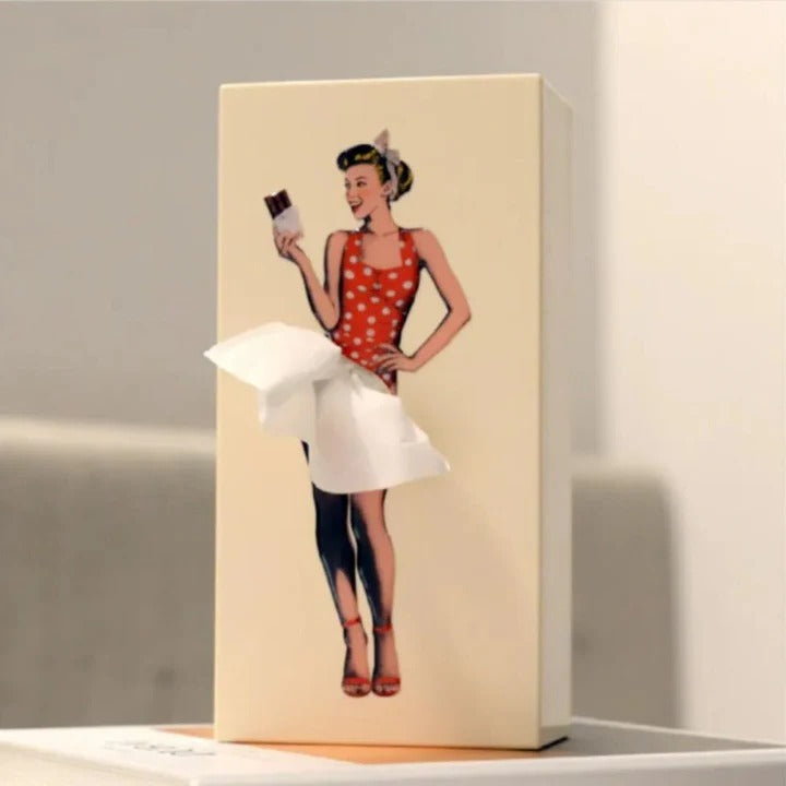 Tissue Box Cover with Animated Skirt Motion and Weighted Base