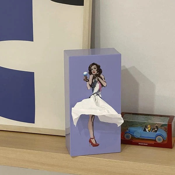 Tissue Box Cover with Animated Skirt Motion and Weighted Base