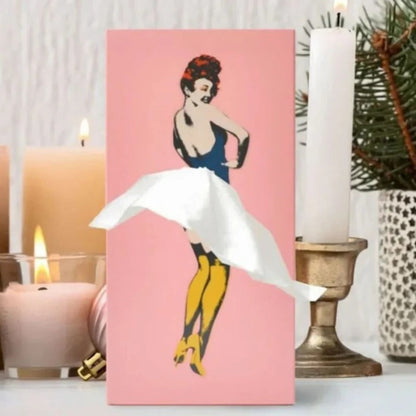 Tissue Box Cover with Animated Skirt Motion and Weighted Base