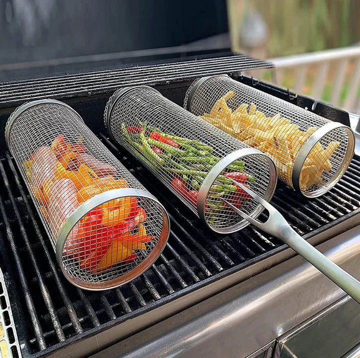Small Hole Rolling Mesh Grill Basket For Fries And Shrimp