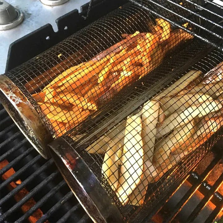 Small Hole Rolling Mesh Grill Basket For Fries And Shrimp