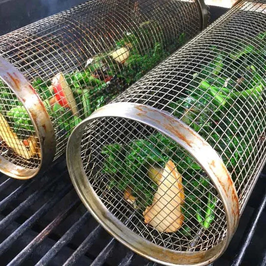 Small Hole Rolling Mesh Grill Basket For Fries And Shrimp
