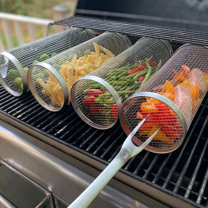 Small Hole Rolling Mesh Grill Basket For Fries And Shrimp