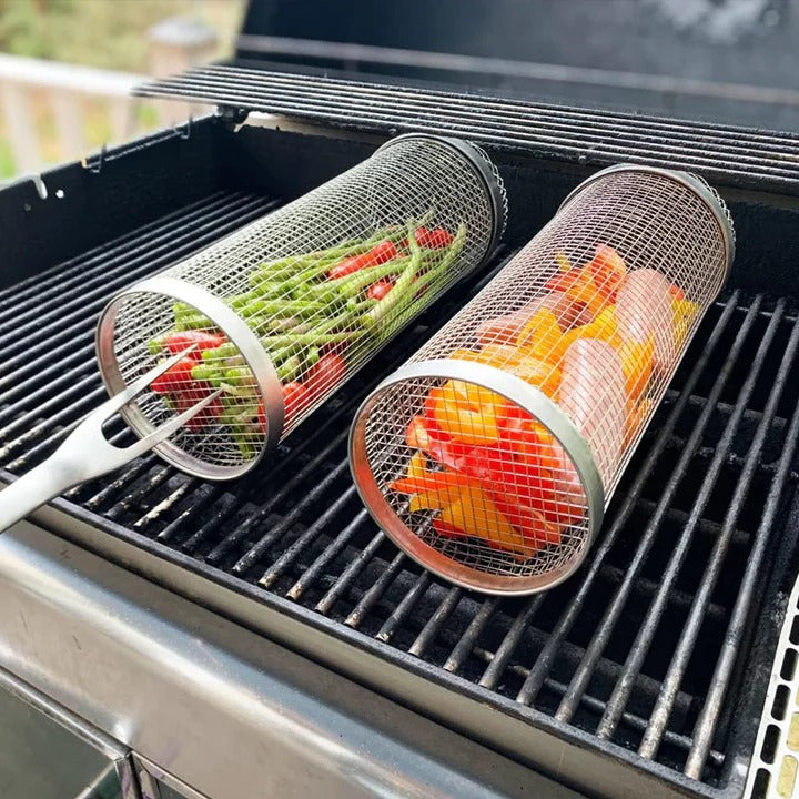 Small Hole Rolling Mesh Grill Basket For Fries And Shrimp