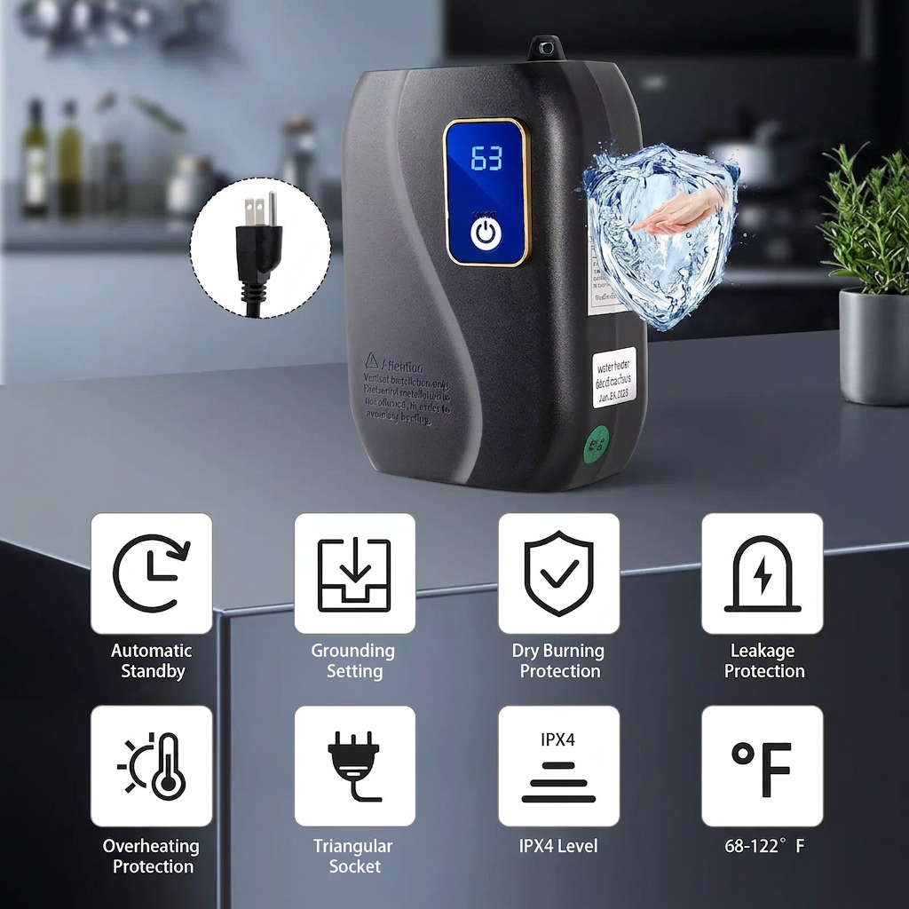 Electric Tankless Water Heater with LED Temperature Display and Instant Heating
