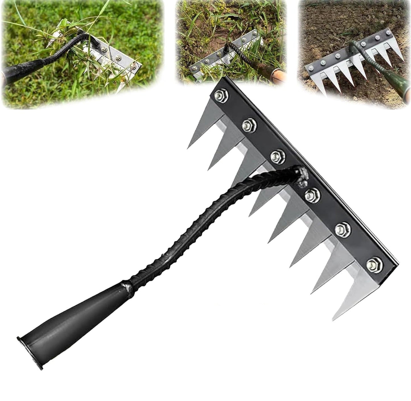 Carbon Steel Weeding Rake with Interchangeable Tine Options and Soft Grip Handle