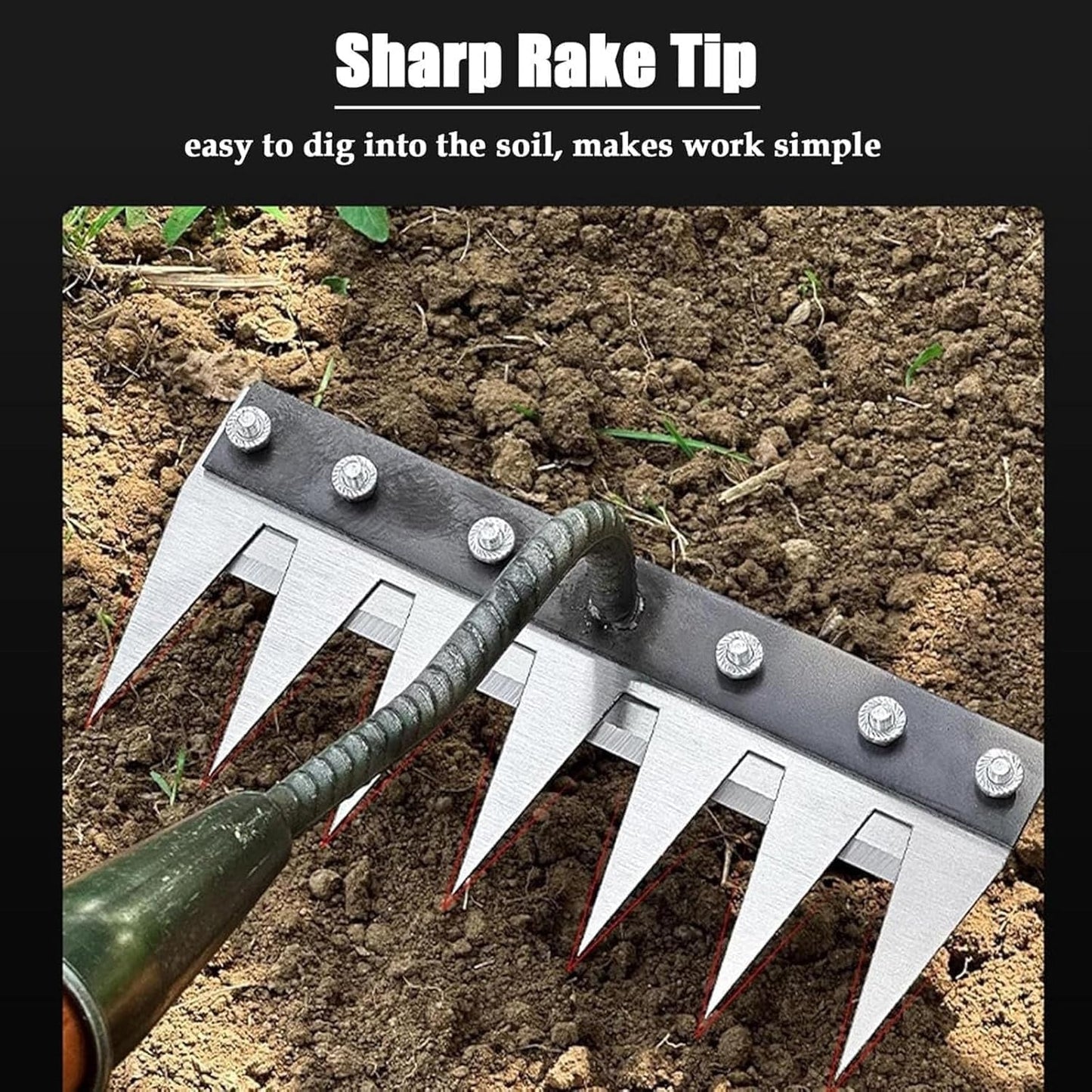 Carbon Steel Weeding Rake with Interchangeable Tine Options and Soft Grip Handle
